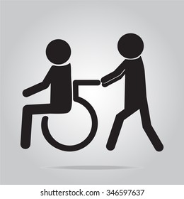 Disabled Icon, A Man Pushing Wheelchair Of Man Patient Illustration