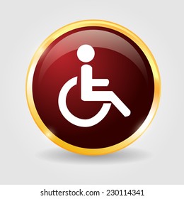 Disabled icon on the red shiny button with metallic elements, vector design for website.