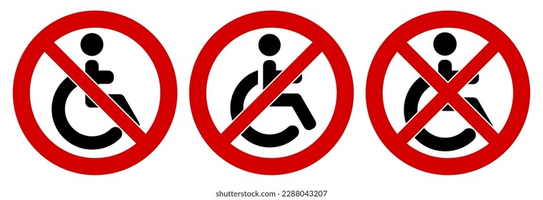Disabled icon in red crossed circle, doublecrossed sign as well - no access for wheelchair symbol
