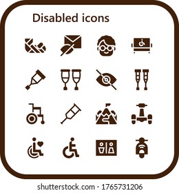 disabled icon set. 16 filled disabled icons. Included Plastered arm, Hidden, Grandmother, Disabled, Crutch, Crutches, Blind, Wheelchair, Ramp, Scooter, Disability, Wc icons