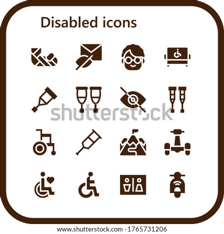 disabled icon set. 16 filled disabled icons. Included Plastered arm, Hidden, Grandmother, Disabled, Crutch, Crutches, Blind, Wheelchair, Ramp, Scooter, Disability, Wc icons
