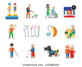 Disabled Icon Set. Blind Crutches Deaf Hearing Aid Insomnia Walker Elderly People Old Age Sportsman With Prosthesis Nurse And Patient Amputated Limbs Disabled Dog