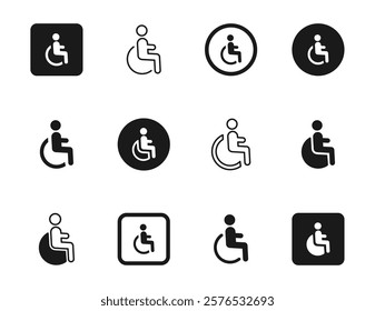 Disabled icon set. Wheel chair symbol. Wheelchair, access sign for disabled people. Disabled disability icons. Parking sign for people with disabilities. Symbol of accessibility for disabled people.