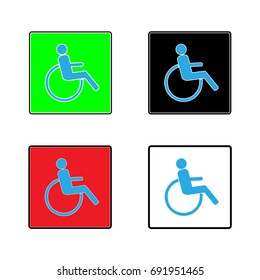 Disabled icon in square set. Mark disability. Sign a place open passage. Symbol paralyzed and human on wheelchair. Safety person warning handicapped illustration. Design element. Vector illustration