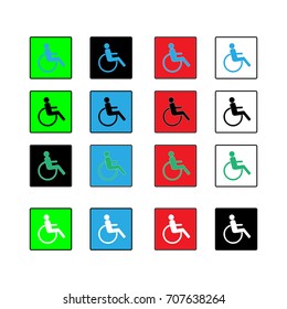 Disabled icon in square set. Mark disability. Sign a place open passage. Symbol paralyzed and human on wheelchair. Safety person warning handicapped illustration. Design element. Vector illustration