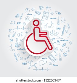 Disabled icon in trendy style isolated on handdrawn healthcare doodles background. Disabled icon page symbol for your web site design Disabled icon logo, app, UI. Disabled icon Vector, EPS10.