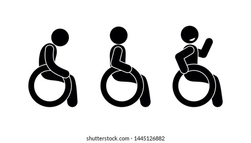 disabled icon, various poses, stick figure human silhouette, man smiling, man sad, set of people in wheelchair icon