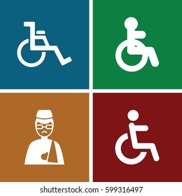 disabled icons set. Set of 4 disabled filled icons such as disabled, man with broken arm
