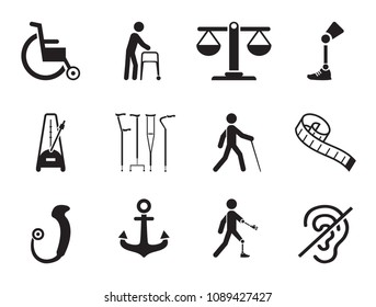 Disabled icons set with wheelchair, prosthesis and crutches. Thirteen simple icons