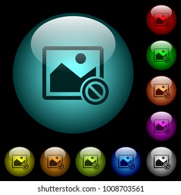 Disabled image icons in color illuminated spherical glass buttons on black background. Can be used to black or dark templates