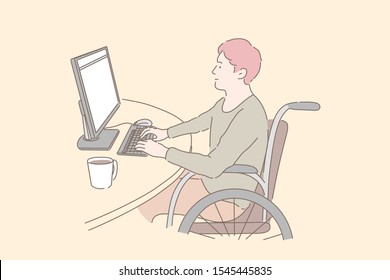 Disabled individual at work concept. Young man in wheelchair working with PC, social inclusion of handicapped people, paraplegic programmers freelance career opportunities. Simple flat vector