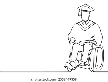 Disabled individuals with graduation attributes depicted in continuous one line drawing. Education concept highlighting inclusivity and celebration of achievements.