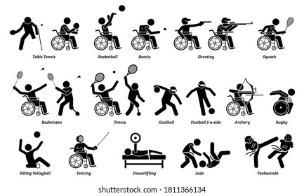Disabled indoor sport and games for handicapped athlete stick figures icons. Vector signs and symbols of competitive sports for people with disabilities. 