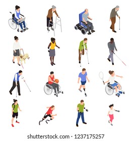 Disabled injured people outdoor activities isometric icons set with sporting limb amputees moving using wheelchair vector illustration