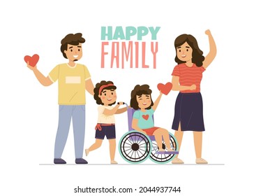 Disabled kid family. Happy parents with children. Couple and girl in wheelchair. Love and care. Sisters with mother and dad walking together. Handicapped persons support. Vector concept