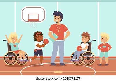 Disabled Kid Sport. Happy Children In Gym With Coach, Fun Young Wheelchair Athletes, Mixed Sports Team, Active Equal Rivals. Students Play Basketball. Vector Cartoon Flat Isolated Concept