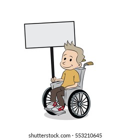 Disabled kid in wheelchair with sign