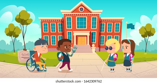 Disabled kids at school yard greeting each other and communicate. Multiracial handicapped children, boy on wheelchair, child with hand bionic prosthesis, blind girl study Cartoon vector illustration