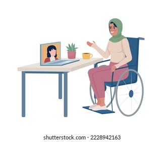 Disabled lady using videochat semi flat color vector character. Editable figure. Full body person on white. Remote work simple cartoon style illustration for web graphic design and animation