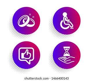 Disabled, Like and Wedding rings icons simple set. Halftone dots button. Time hourglass sign. Handicapped wheelchair, Thumbs up, Love. Sand watch. People set. Classic flat disabled icon. Vector