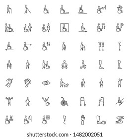 Disabled line icons set. linear style symbols collection, outline signs pack. vector graphics. Set includes icons as disabled man with walker, handicapped patient, wheelchair ramp, braille, deafness