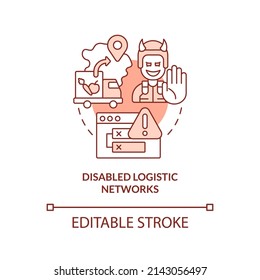 Disabled logistic networks red concept icon. Form of information warfare abstract idea thin line illustration. Isolated outline drawing. Editable stroke. Arial, Myriad Pro-Bold fonts used