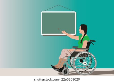 Disabled long-haired female teacher is teaching a class and writing on a blackboard