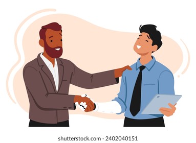 Personaje Masculino Discapacitado Con Una Protesis De Mano Extiende Confiadamente Su Brazo Para Un Apretón De Manos, Intercambiando Un Saludo Significativo Con Su Colega De Apoyo En El Cargo. Ilustración de vectores de personas de caricatura