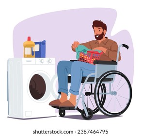 Disabled Male Character Showcasing Adapted Independence In Laundry Tasks and Daily Chores. Man In A Wheelchair Putting Clothes in Washing Machine, Showcasing Resilience. Cartoon Vector Illustration