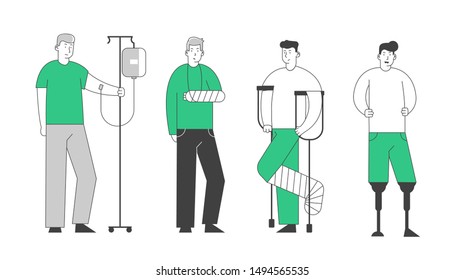 Disabled Male Characters Stand in Raw. Man with Dropper, Broken Hand and Leg Patients and Handicapped Person with Feet Prosthesis. Disability Concept Cartoon Flat Vector Illustration, Line Art Style