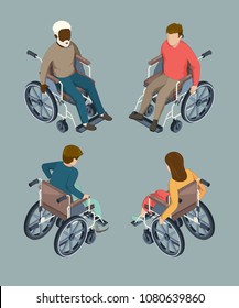 Disabled male and female people setting in wheelchairs. Isolated isometric vector illustrations