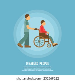 Disabled male person sitting in wheelchair and hospital assistant poster vector illustration