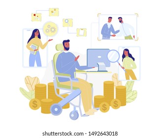 Disabled Male Person Working at Home in Front of Computer Flat Cartoon Vector Illustration. Earning Money Piles. Girl Searching with Magnifier. Two Men Shaking Hands Each Other. Physical Problem.