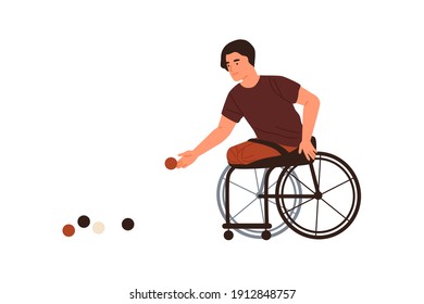 Disabled male playing petanque sitting in wheelchair vector flat illustration. Athlete with amputated legs throwing ball isolated on white. Man with disability  performing boules sports training