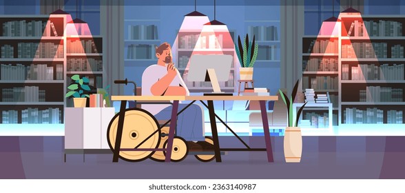 disabled man article editor in wheelchair guy working on computer people with disabilities concept modern living room interior