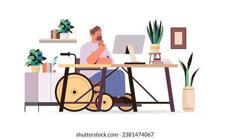 disabled man article editor in wheelchair guy working on computer people with disabilities concept horizontal