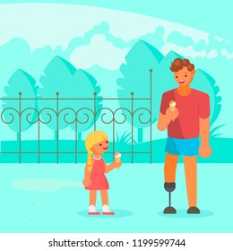 Disabled man with artificial leg prosthesis walking with his daughter in park and eating ice cream. Vector flat style design illustration.