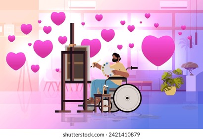 disabled man artist in wheelchair drawing on canvas creative art hobby people with disabilities valentines day celebration concept