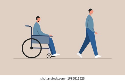 Hombre discapacitado antes y después de la recuperación. Carácter masculino sentado en una silla de ruedas y caminando desde una silla de ruedas. Ilustración del vector