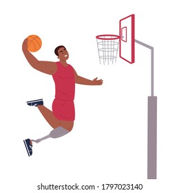 Disabled man with bionic leg.Daily activities and fun.A young man runs,plays basketball,dances.Vector flat style cartoon illustration on white background