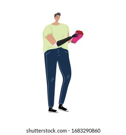 A Disabled Man With A Black Prosthetic Arm Holding Bouquet Of Flowers. Vector Illustration In Flat Cartoon Style.