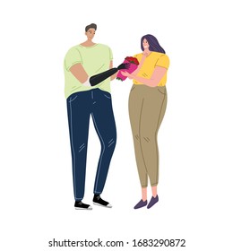 A disabled man with a black prosthetic arm gives a bouquet of flowers to his girlfriend. Vector illustration in flat cartoon style.