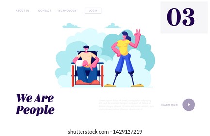 Disabled Man with Broken Hand on Wheelchair and Woman with Legs Prosthesis Walking Outdoors, Motivation, Friendship, Love. Website Landing Page, Web Page. Cartoon Flat Vector Illustration, Banner