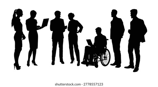Disabled man business professional doing meeting with team colleagues in office black silhouette vector graphic.