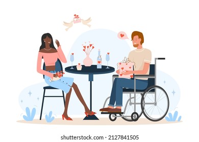 Disabled man celebrating valentine day with his african girlfriend. Romantic relationship and lovely adorable dating couple flat vector illustration