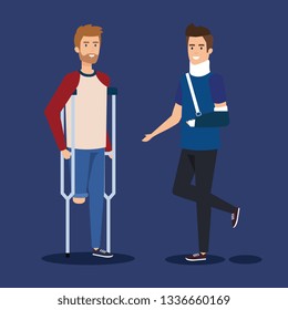 disabled man with crutches and person with hand fracture