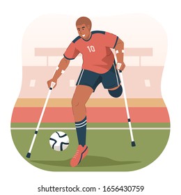 Disabled man with crutches playing football in stadium. Paralympic soccer athlete svg