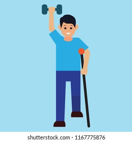 disabled man with crutches stick doing exercise. disability concept. vector illustration
