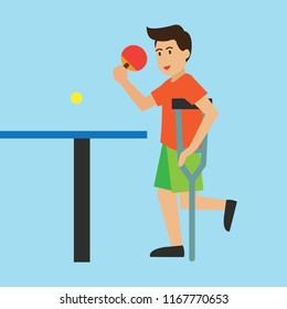 disabled man with crutches stick playing table tennis. disability concept. vector illustration
