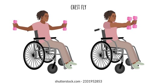 Disabled man doing chest fly exercise. Inclusive sports for people with disabilities. Sport, wellness, workout, fitness. Flat vector illustration
